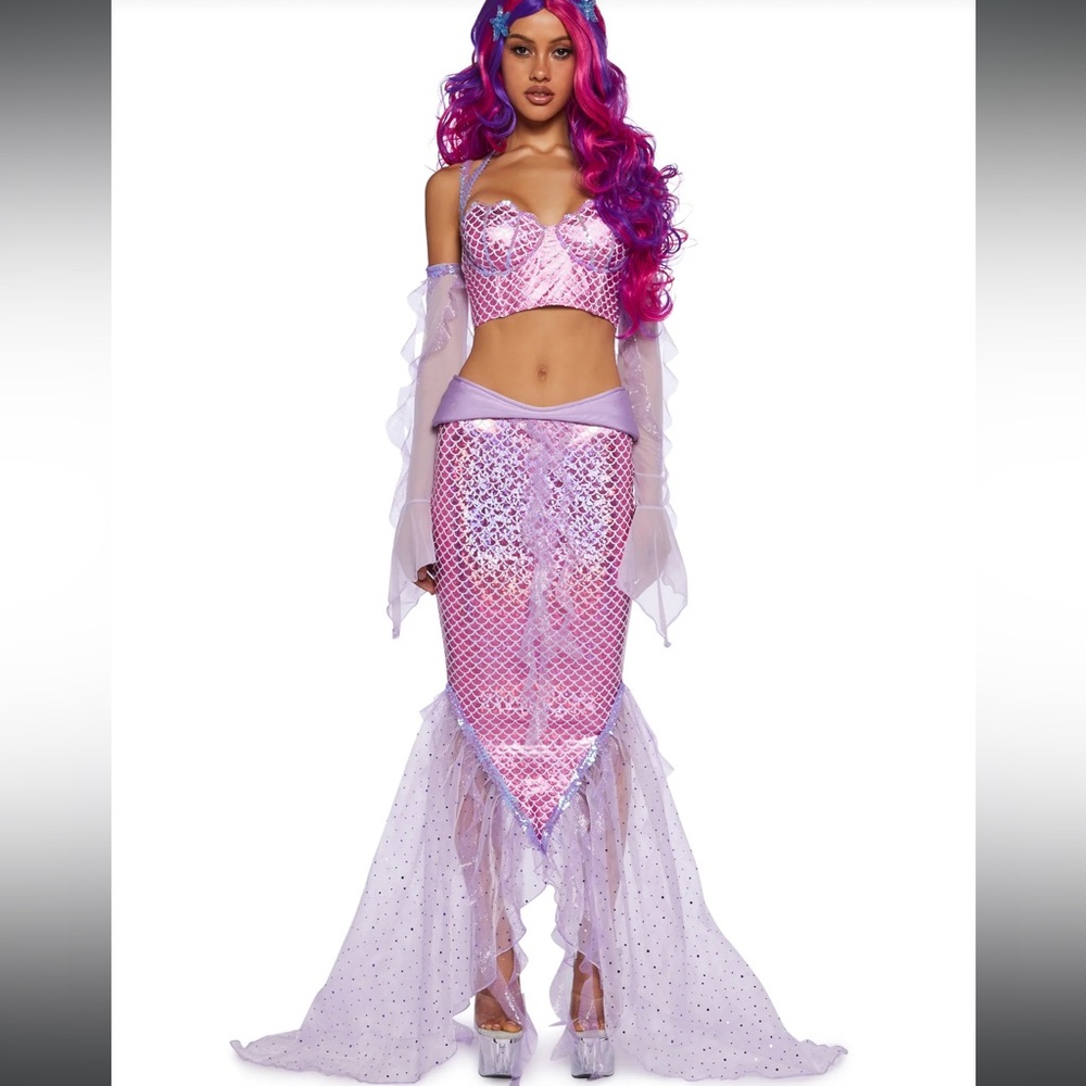 Mermaid 2 Piece Corset Top & Tail Skirt Costume Set Pink Purple Size L Festival